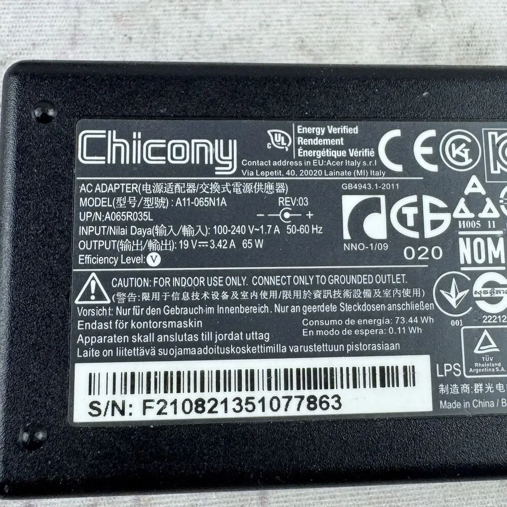 Chicony A11-065N1A 65W AC Adapter 19V 3.42A A065R035L Acer Laptop Charger